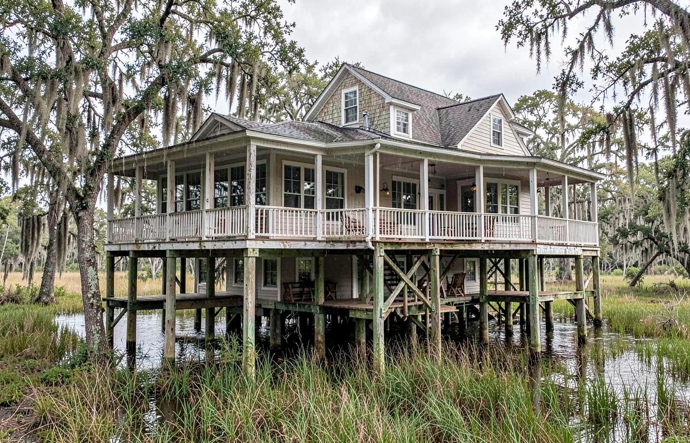 Elevated Lowcountry home near tidal marsh in Beaufort County