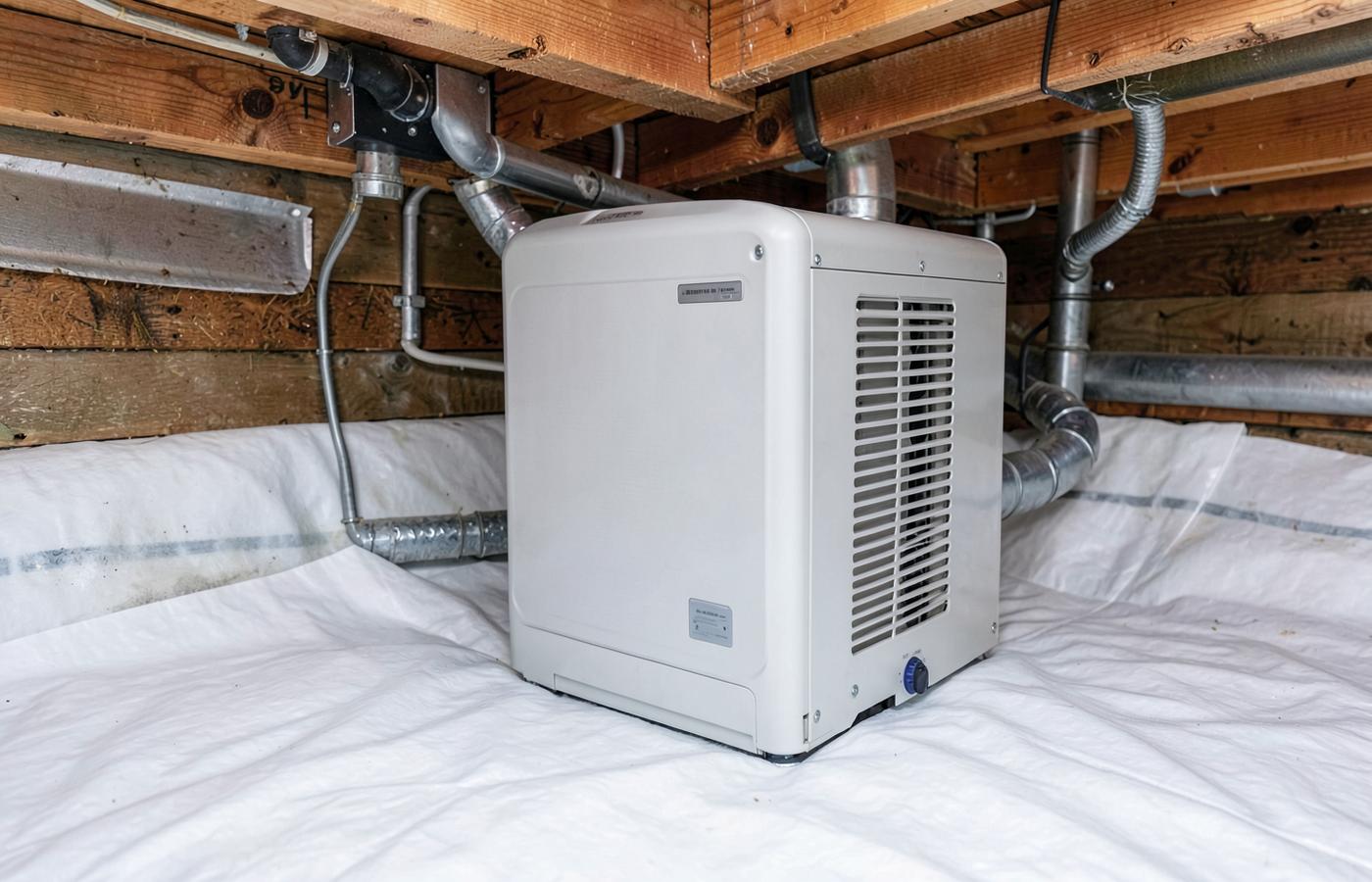 Crawl space dehumidifier installed on a sealed liner beneath a home