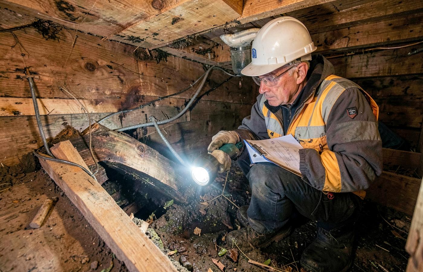 Inspector examining framing and moisture inside a residential crawl space