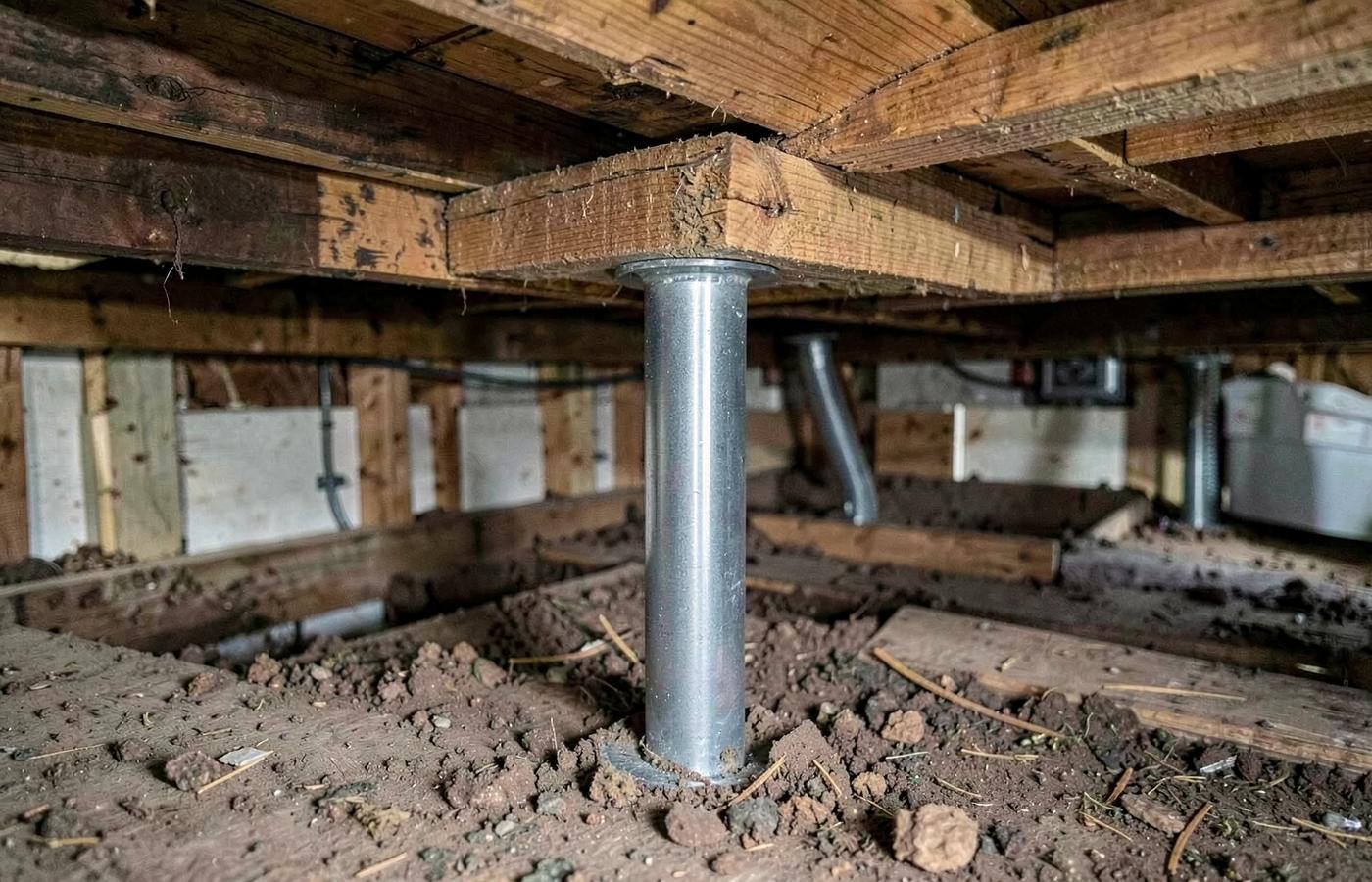 Support post and floor joists inside a South Carolina crawl space during repair