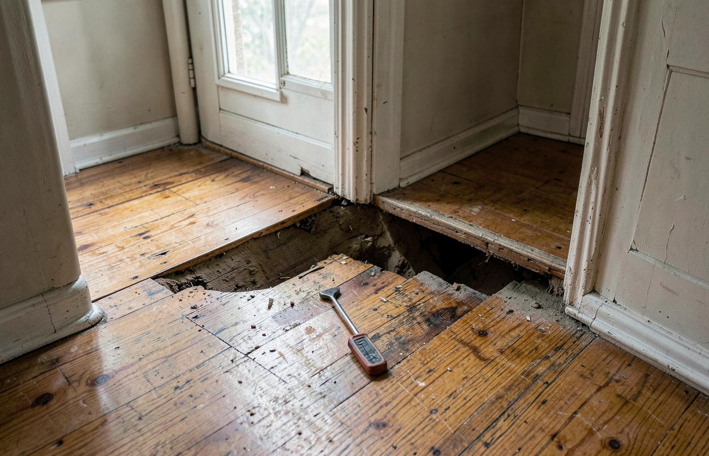 Sloping interior floor above a crawl space in an older home