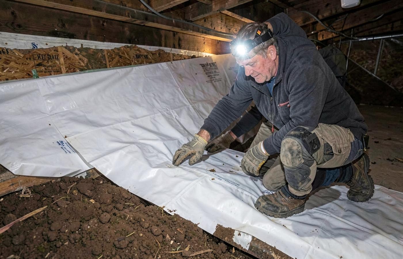 Vapor barrier installation over exposed soil beneath a South Carolina home